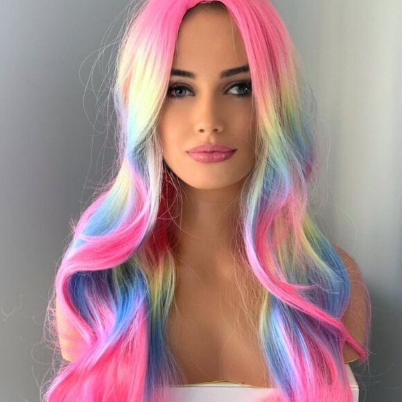Long Wavy Neon Rainbow Synthetic 26 inch Wig - Picture 1 of 5